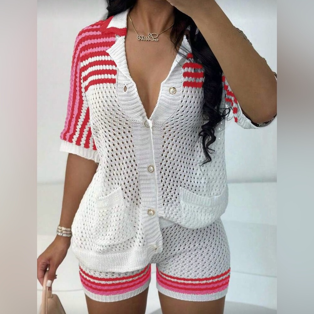 White and Red Knit Cardigan and Shorts Set